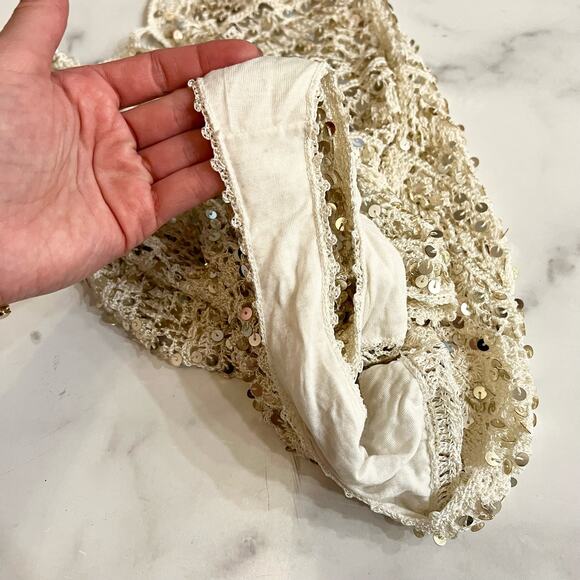 RETROFETE Sequined Crochet Bodysuit Beige Gold Tie Lined Sheer Knit S like new - Picture 6 of 7